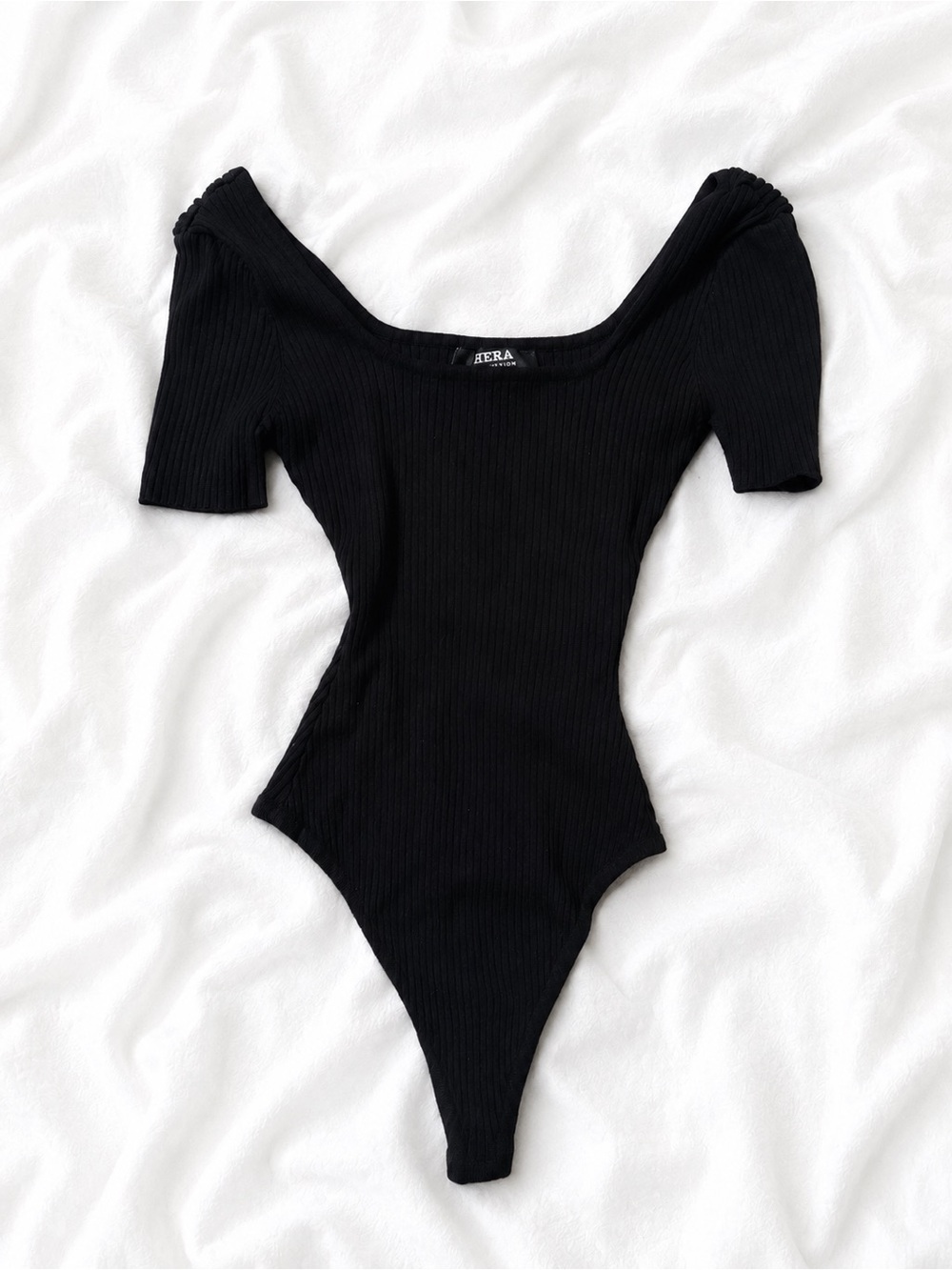 Hera Collection Black Ribbed Off-Shoulder Kids One-Piece Bodysuit